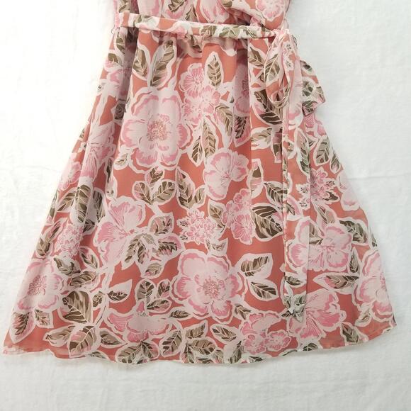 Loft Outlet Floral Faux Wrap Dress Womens Large Peach Rose Summer Wedding - Picture 4 of 14